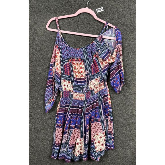 American Eagle Mini Dress Size M Patchwork Multicolor Cold Shoulder Keyhole Neck - Picture 5 of 12